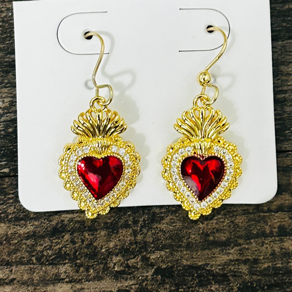 Gold and Red Sacred Heart Dangle Earrings NWT